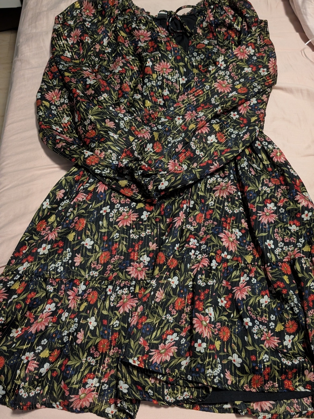 Old Navy Black Floral Smocked Long-Sleeve Dress